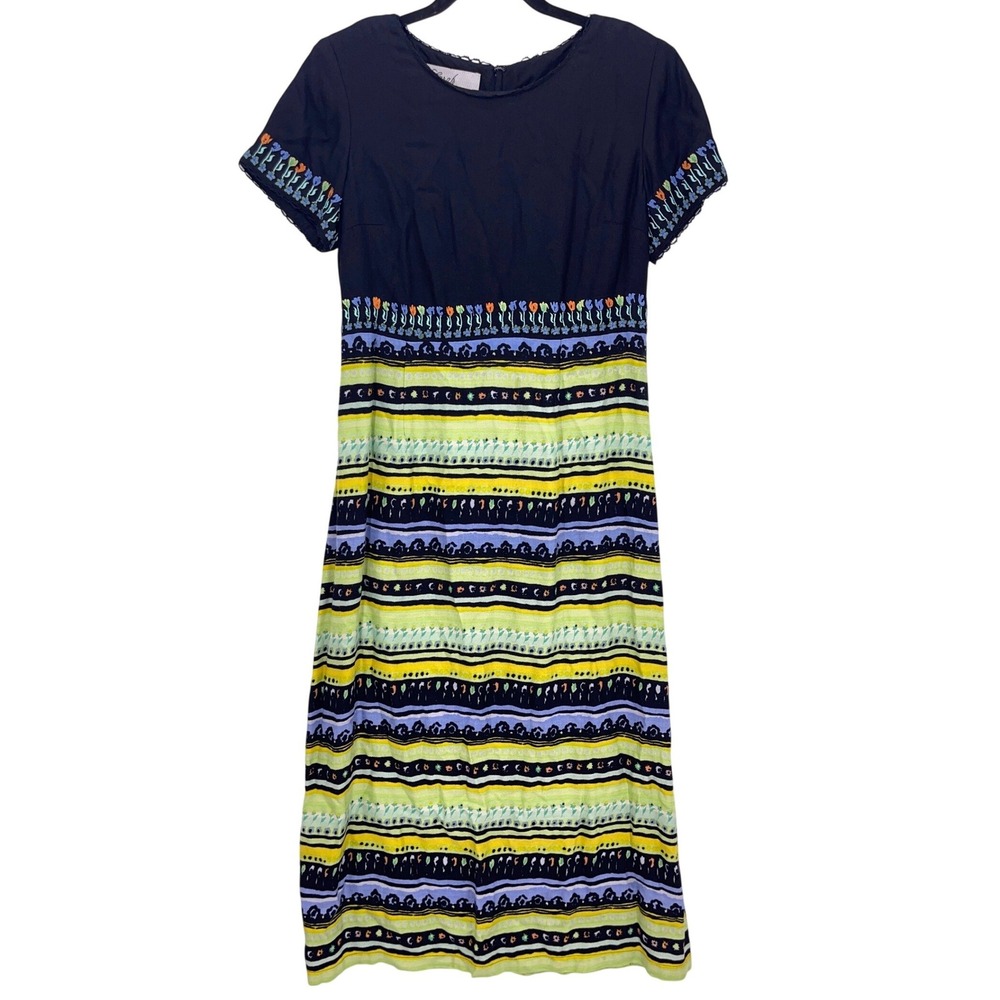 Vintage 90s Sarah Elizabeth Black Embroidered Floral Striped Midi Dress 8 Petite